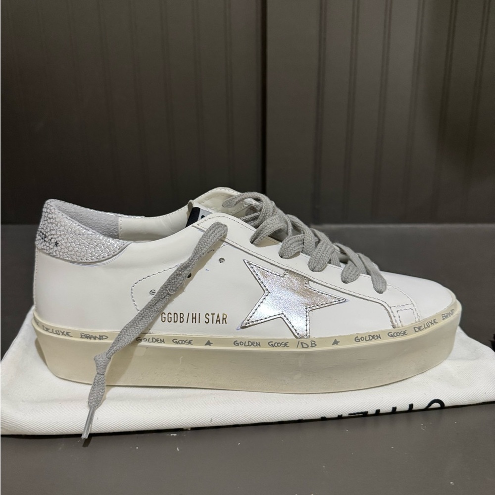 Golden Goose Hi Star White Leather Sneaker with Silver Star and Gray Laces
